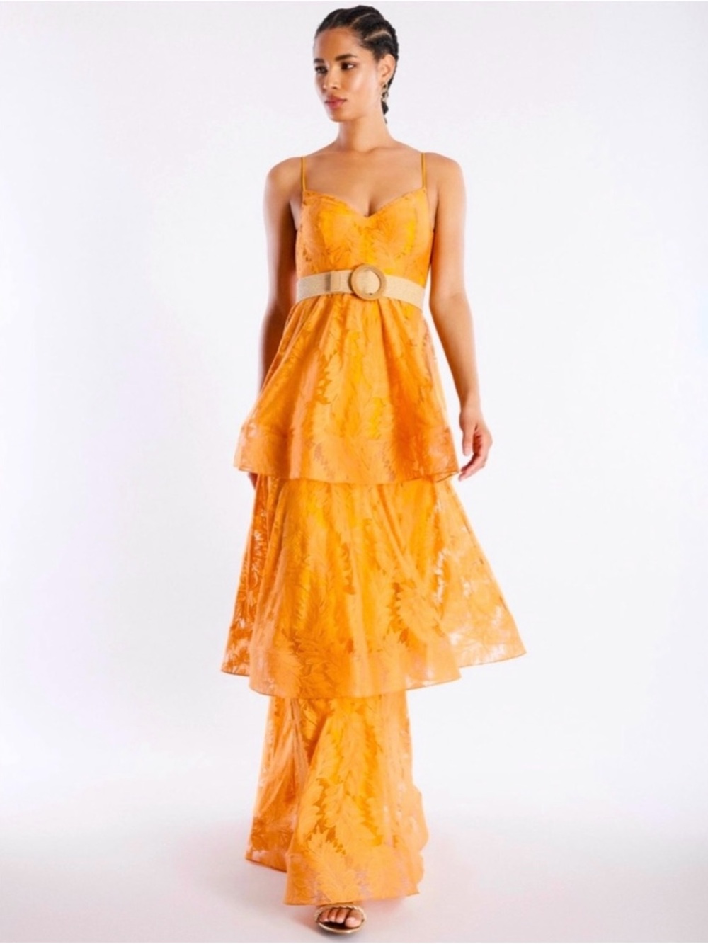 BCBGMaxAzria Orange Tiered Lace Maxi Dress with Beige Belt